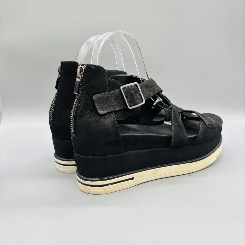 Eileen Fisher Sandals Womens 10 Black Leather Strappy Platform Wedge Zip Shoes